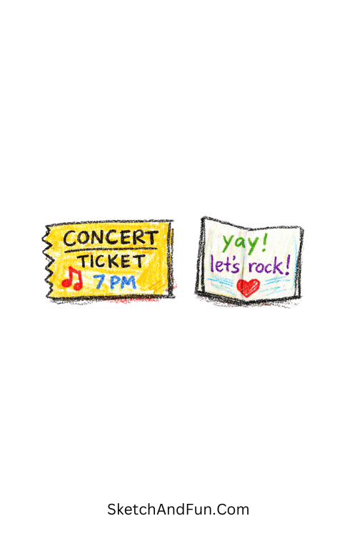 A doodle of a tiny concert ticket with a note inside, music doodles download