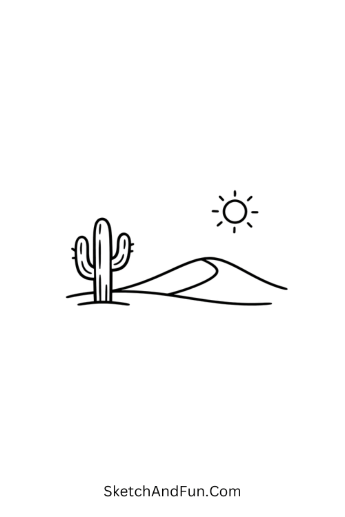 A drawing of a cactus with dune and small sun, simple nature drawing