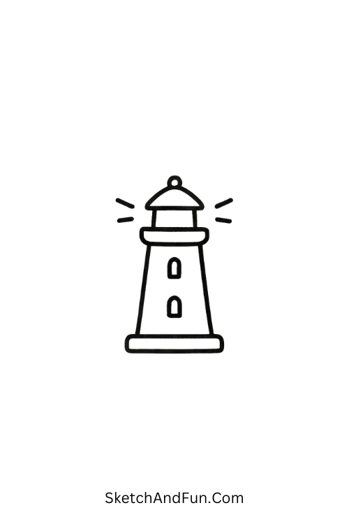 A doodle of a simple lighthouse with light rays, beach doodles pinterest