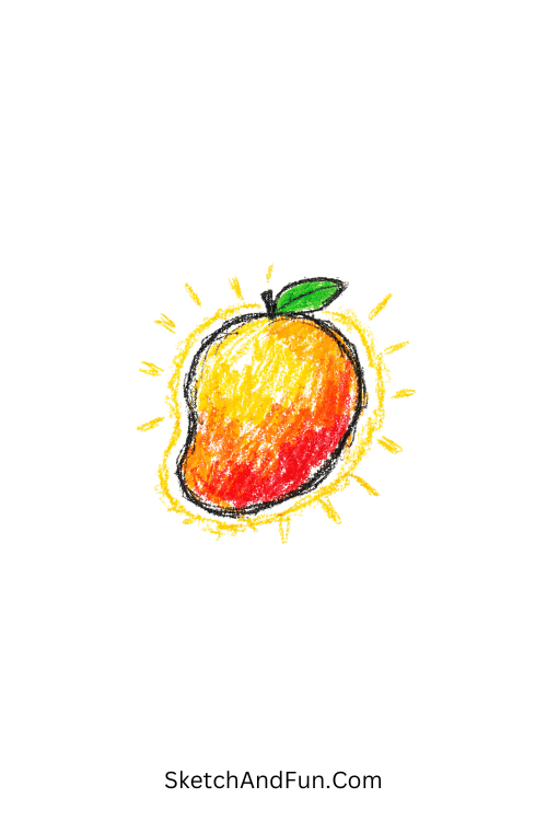 A smooth mango with a glowing outline, minimal fruit doodles