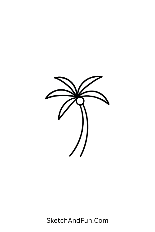 A doodle of a simple palm tree with curved trunk, palm tree doodle easy