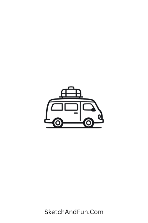A doodle of a minimal van with luggage on top, travel doodle sketches