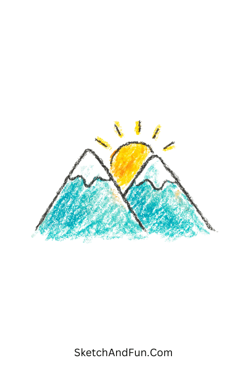 A doodle of two small mountains with a rising sun behind them, watercolor doodle landscape