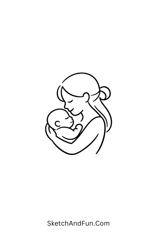 A drawing of one line forming a mom holding her baby, mother child drawing art