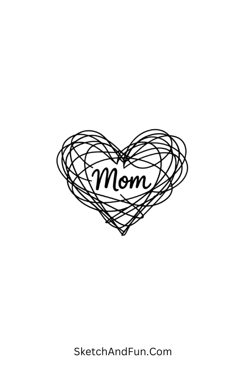 A drawing of a heart made with fingerprint lines labeled “Mom”, printable mother's day drawing design