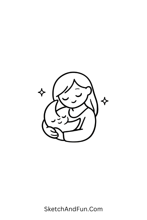 A drawing of mom holding a crescent moon baby, mother's day drawing ideas for kids