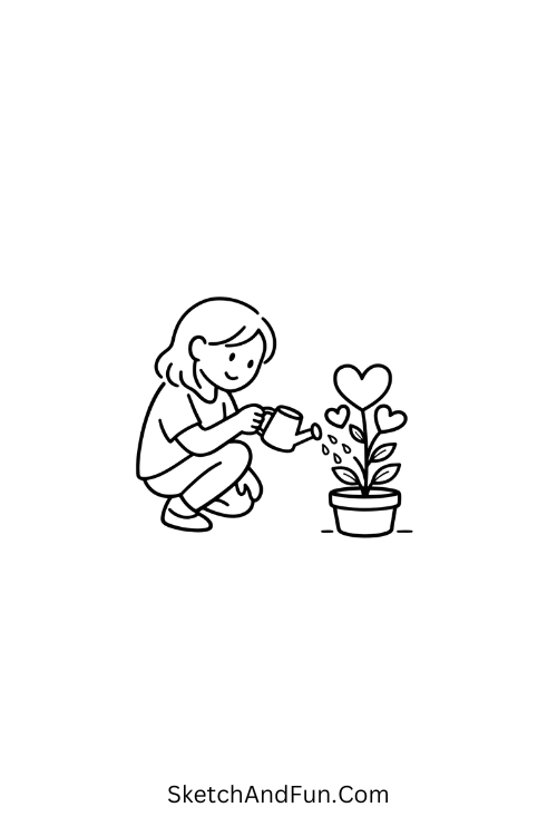 A drawing of mom watering a plant that grows hearts, easy mother's day drawings step by step