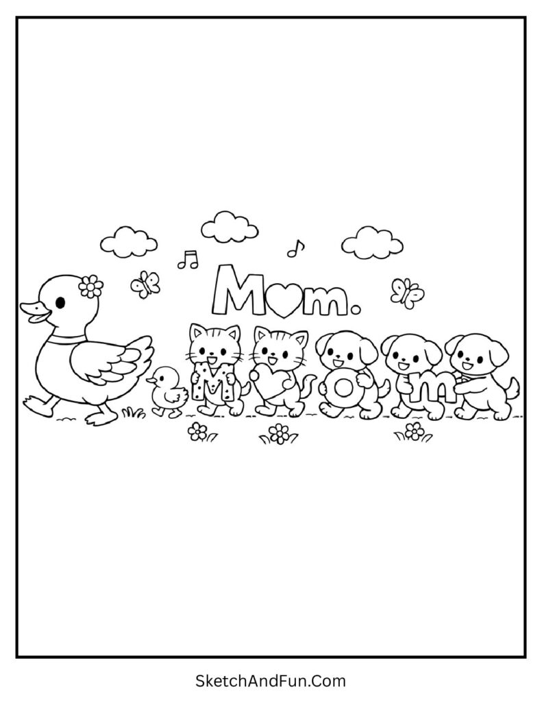 A coloring page of mom walking with baby animals in parade, mothers day coloring pages cute animals