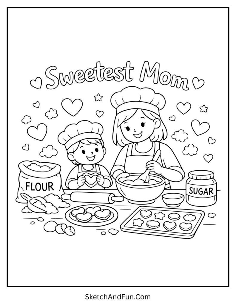 A coloring page of mom baking with child surrounded by flour and hearts, mothers day coloring pages mom and child