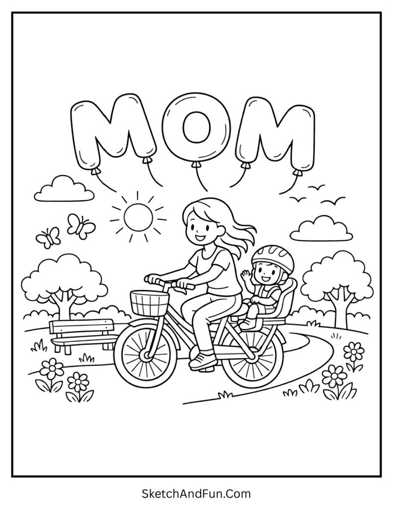 A coloring page of mom cycling with child and balloons in park, mothers day coloring pages foldable card