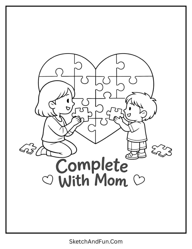 A coloring page of mom and child completing a heart puzzle, mothers day coloring pages for school