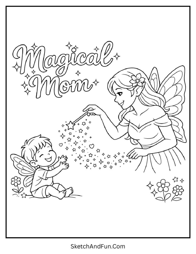 A coloring page of fairy mom sprinkling magic dust over child, cute mothers day coloring pages