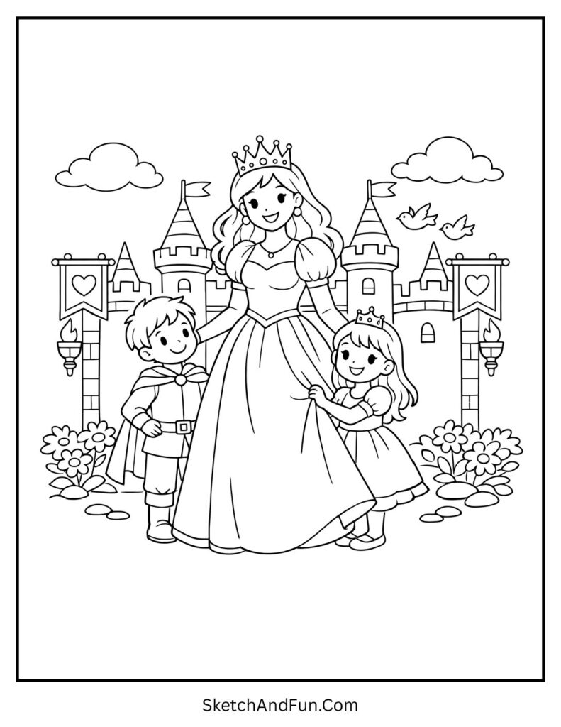 A coloring page of mom in gown and crown with kids in castle, mothers day coloring cards printable
