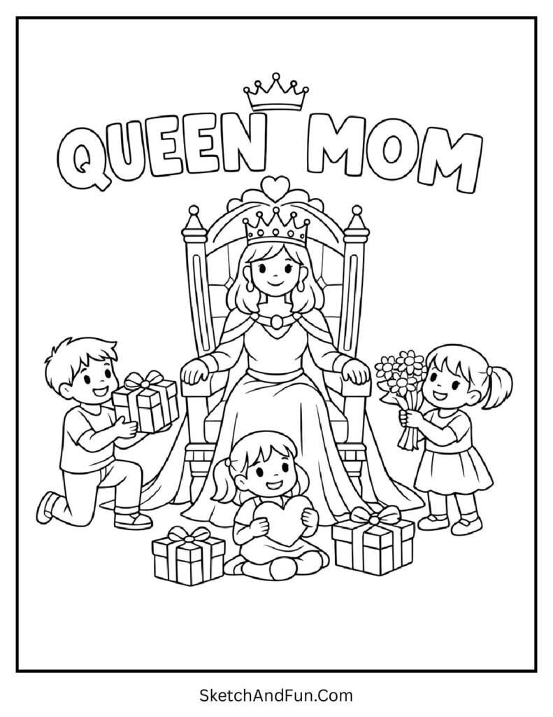 A coloring page of a mom on a throne with crown and gifts, mothers day coloring pages for adults