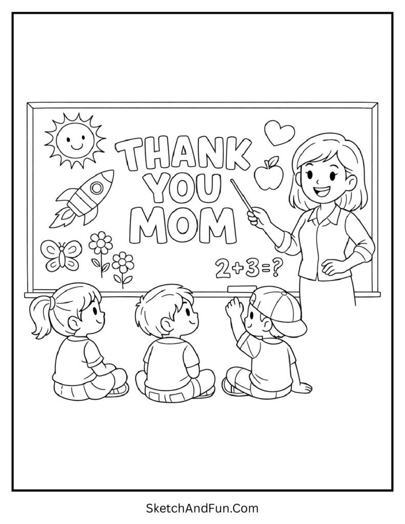 A coloring page of mom teaching at a chalkboard, mothers day coloring pages for school