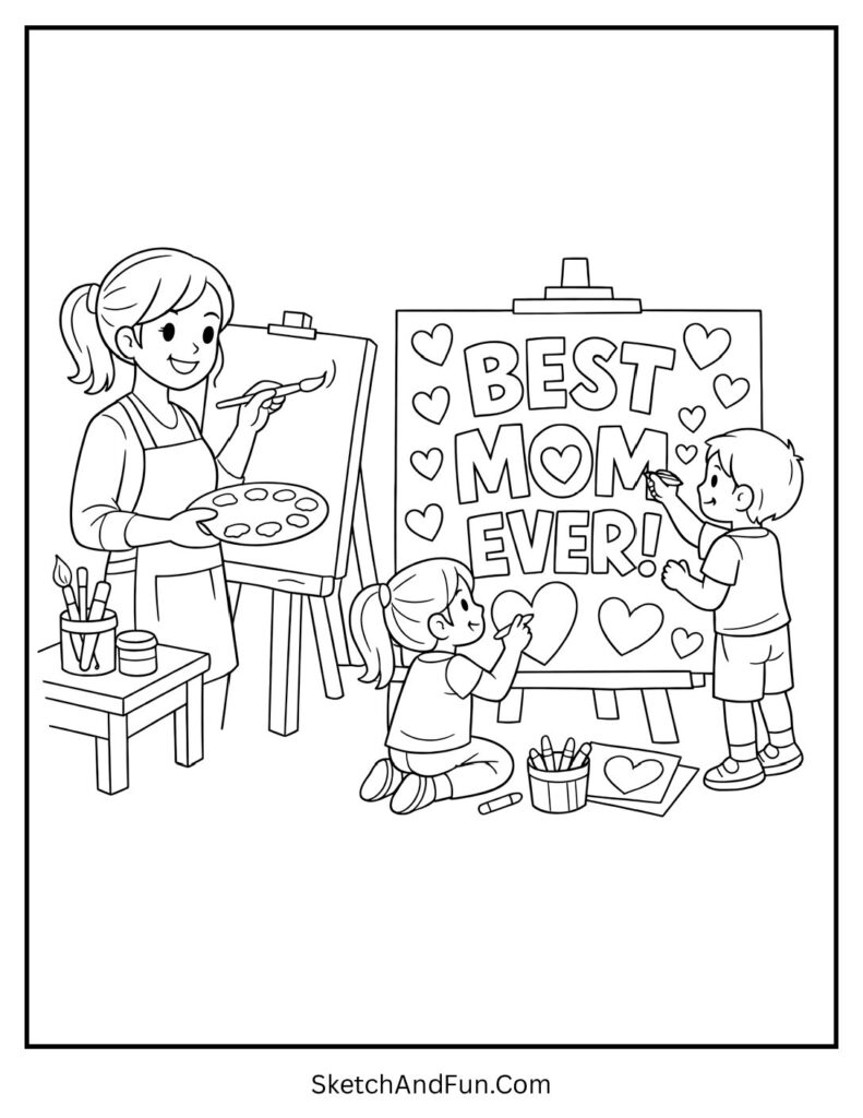 A coloring page of mom painting with child decorating hearts, mothers day coloring pages pdf