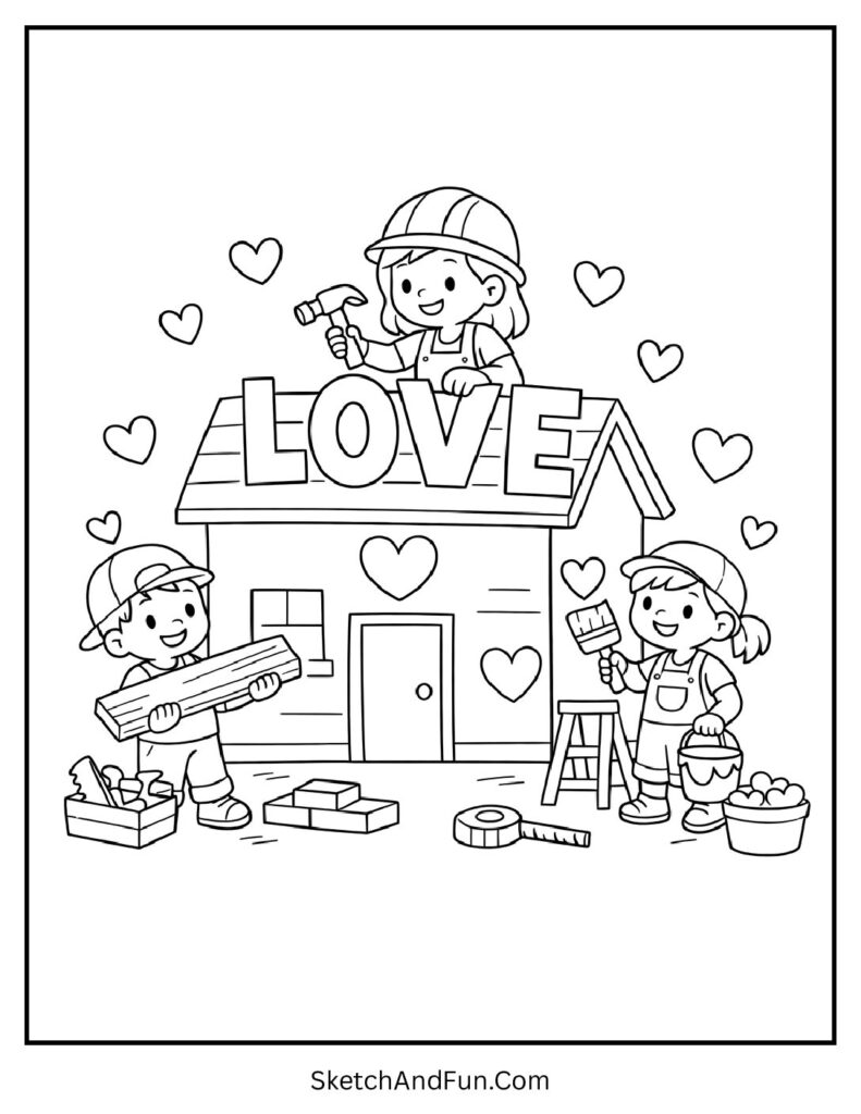 A coloring page of mom building house with kids helping, mothers day coloring pages pdf free