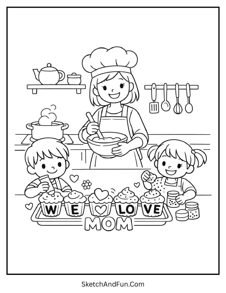 A coloring page of mom baking cupcakes in a kitchen, mothers day coloring pages printable