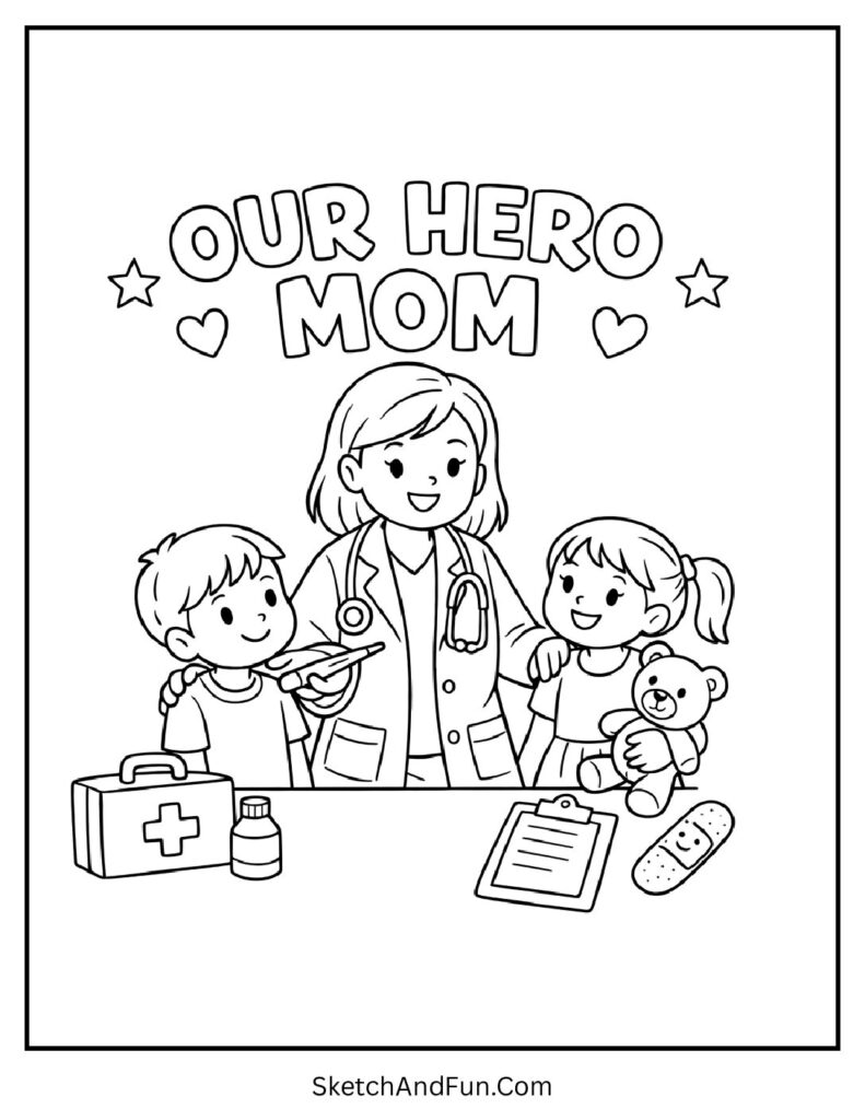 A coloring page of mom as doctor helping kids with care, personalized mothers day coloring pages