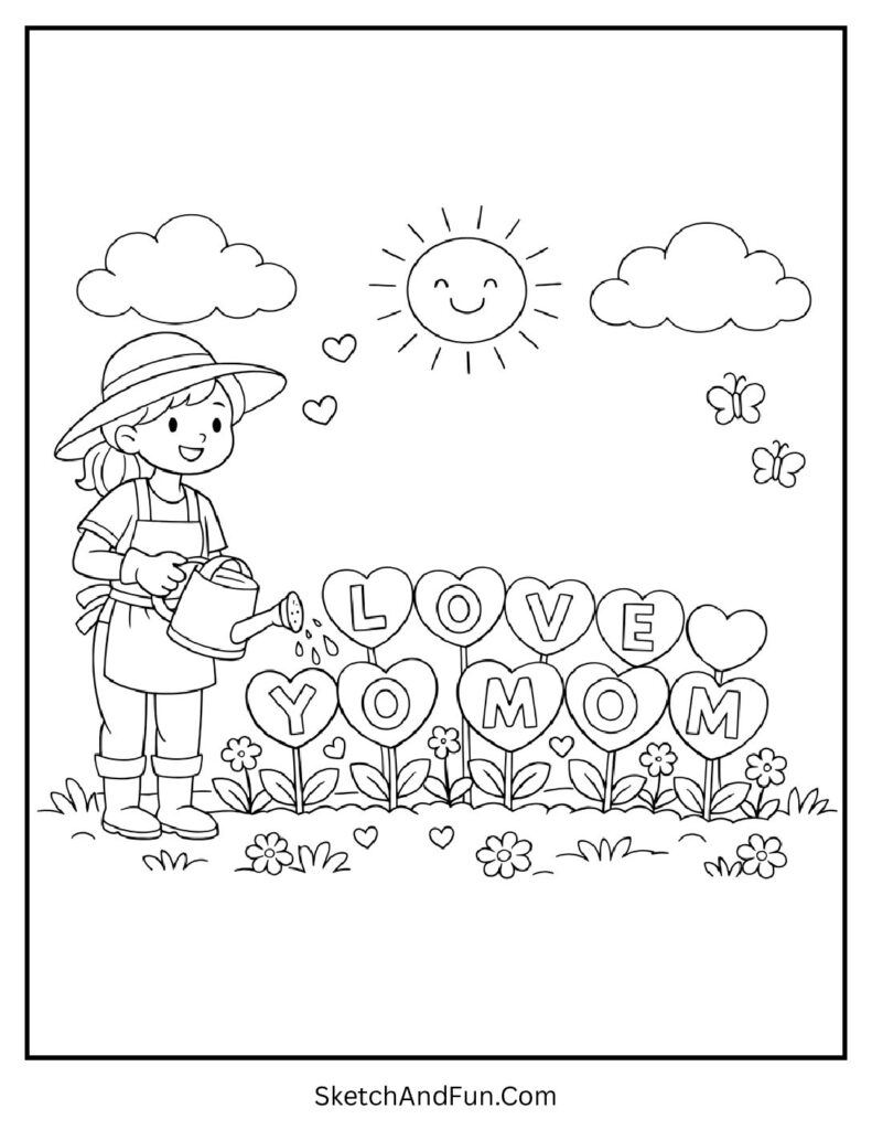 A coloring page of mom watering heart-shaped flowers, mothers day coloring pages roses