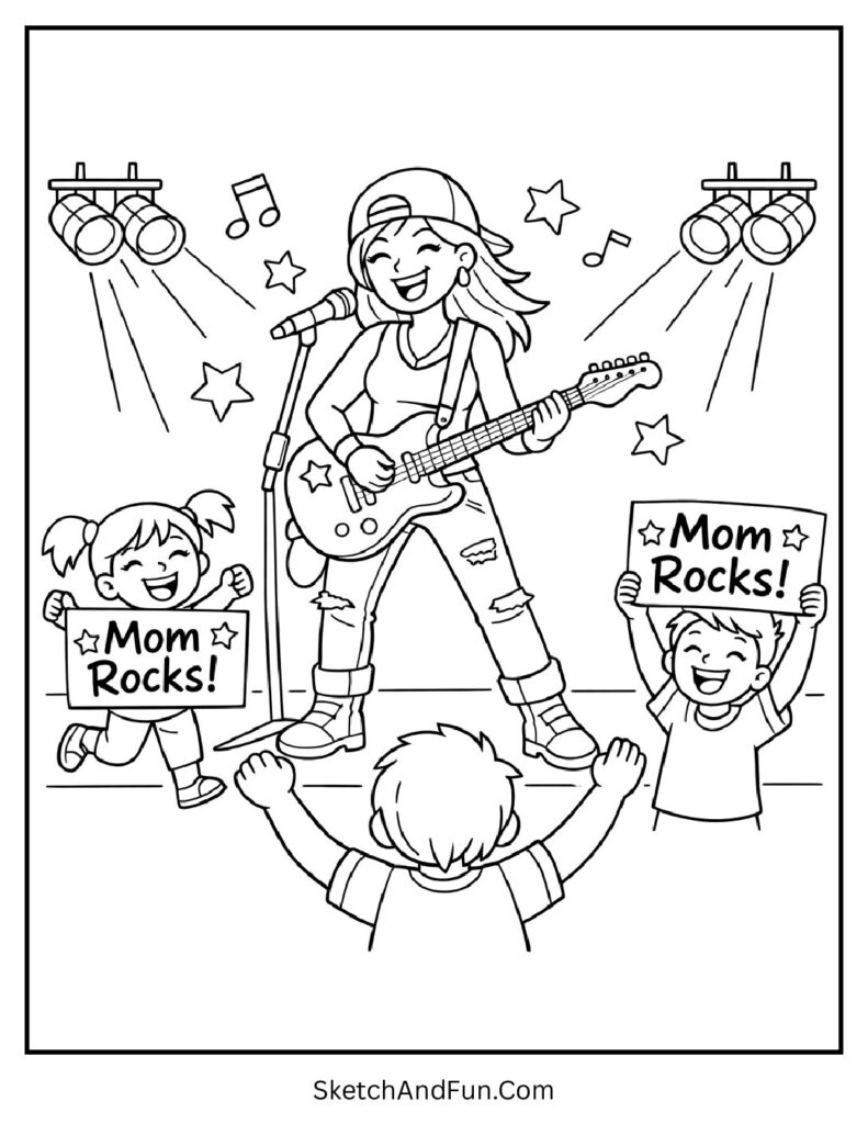 A coloring page of mom playing guitar on stage with kids cheering, mothers day coloring pages black and white