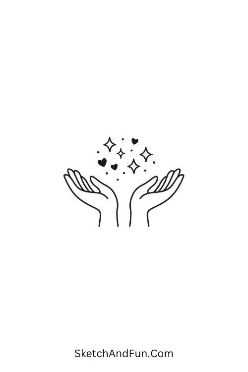 A drawing of hands with sparkles and hearts coming out, mother's day drawing with color