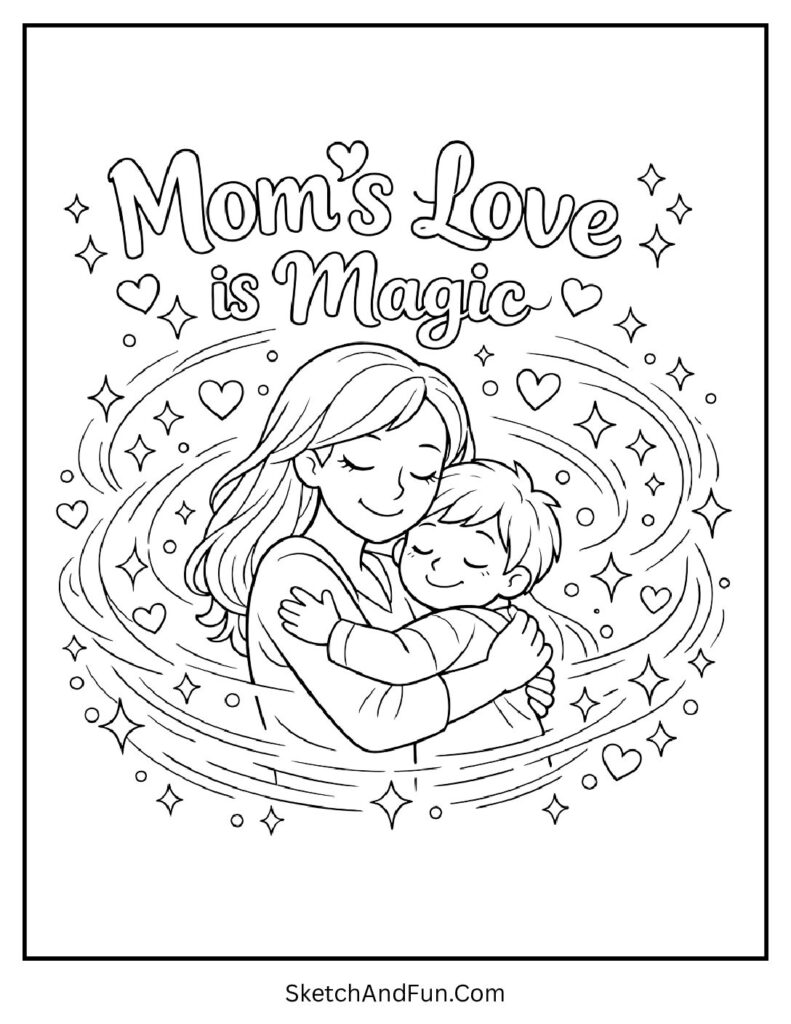 A coloring page of mom hugging child with sparkles around, aesthetic mothers day coloring pages