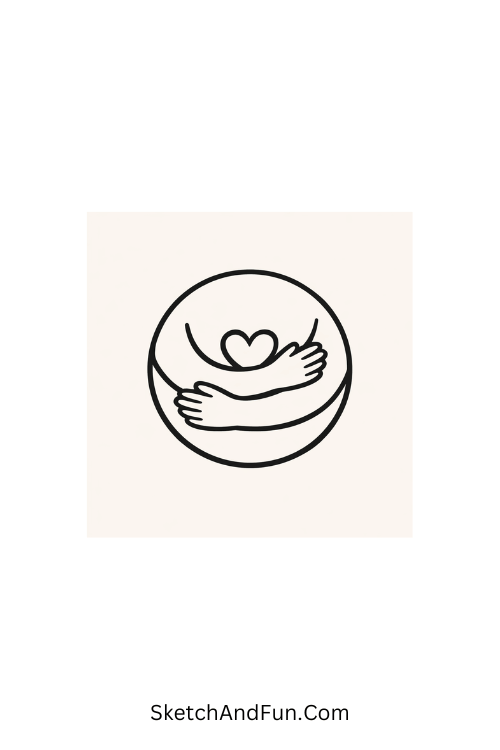 A drawing of arms wrapping around a tiny heart in a circle, mothers day coloring page drawing