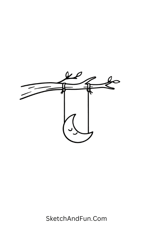 A drawing of a tree branch holding a tiny moon swing, aesthetic nature drawing