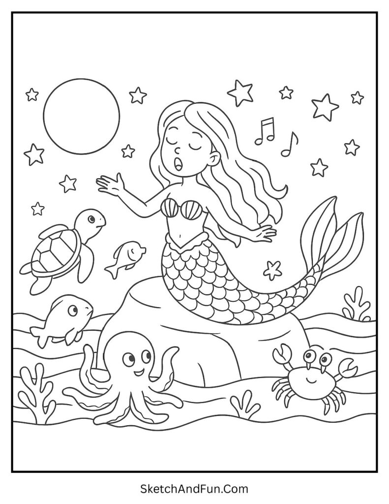 A coloring page of a mermaid singing under a starry sky with sea creatures, beach coloring pages for kids
