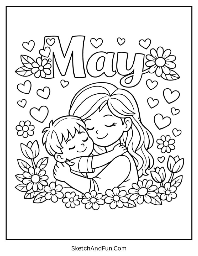 A coloring page of a mother and child hugging under “May”, Mother’s Day May coloring pages