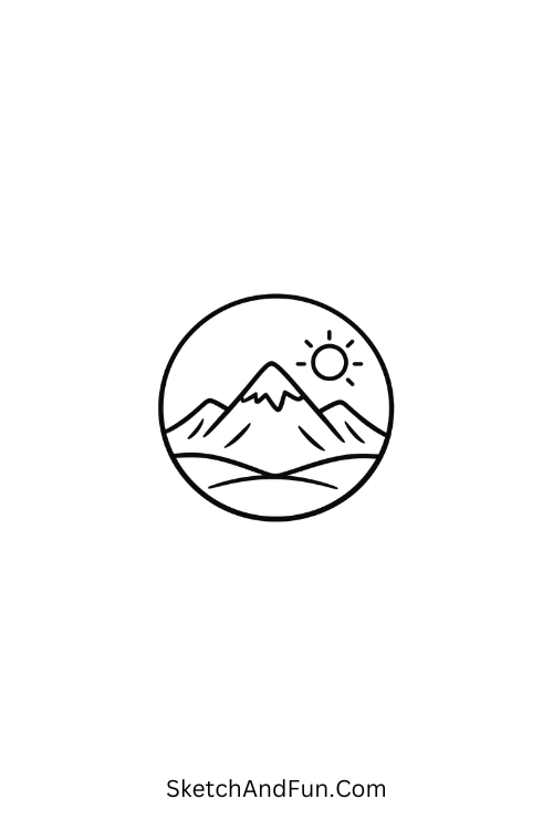 A doodle of a serene mountain inside a circle with sun behind, travel doodle background