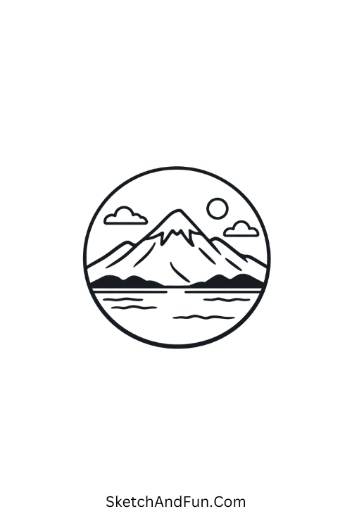 A drawing of mountains inside a simple circle frame, landscape drawing easy