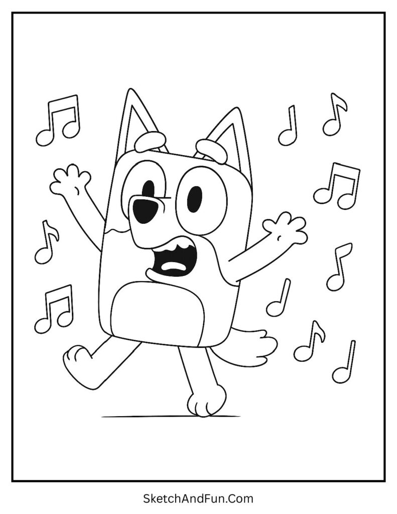 A coloring page of Muffin dancing with floating music notes, Cute Bluey coloring pictures for printing