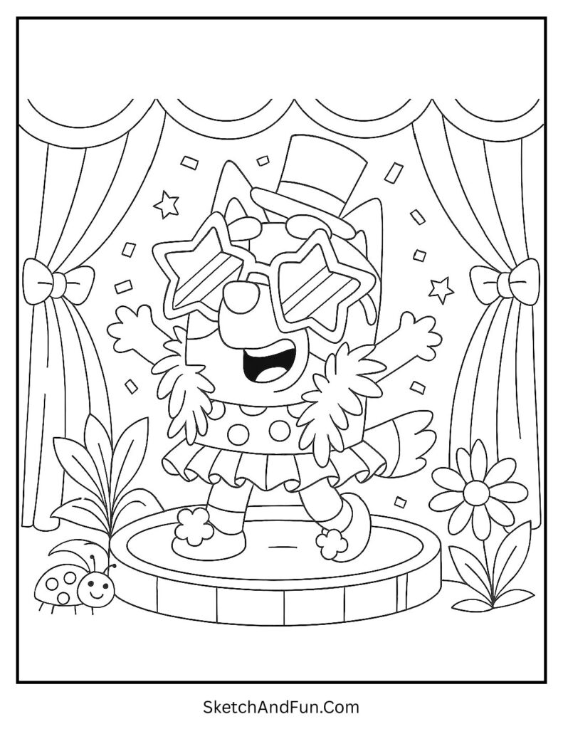 A coloring page of Muffin wearing funny costumes on a mini stage, Bluey with friends coloring sheets