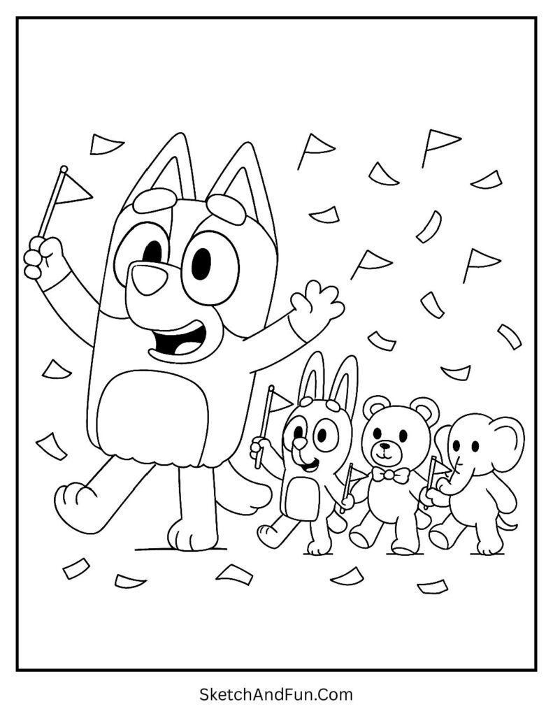 A coloring page of Muffin leading a stuffed animal parade, Bluey in the park coloring page