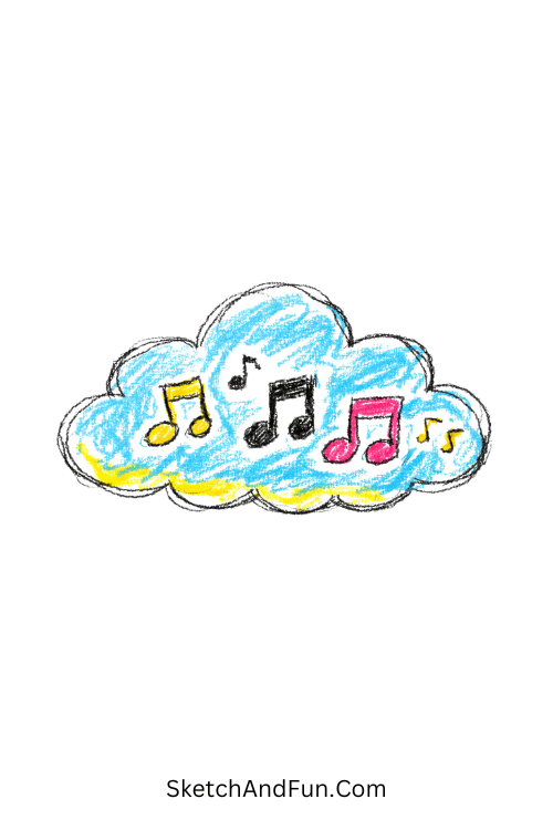 A doodle of a cloud with floating notes inside, music doodles printable