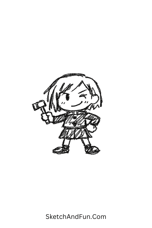A doodle of Nobara holding a mini hammer confidently, kawaii jjk doodle characters