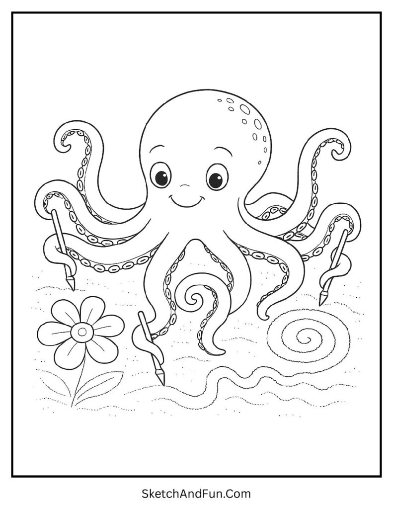 A coloring page of a friendly octopus making patterns in the sand, ocean beach coloring pages