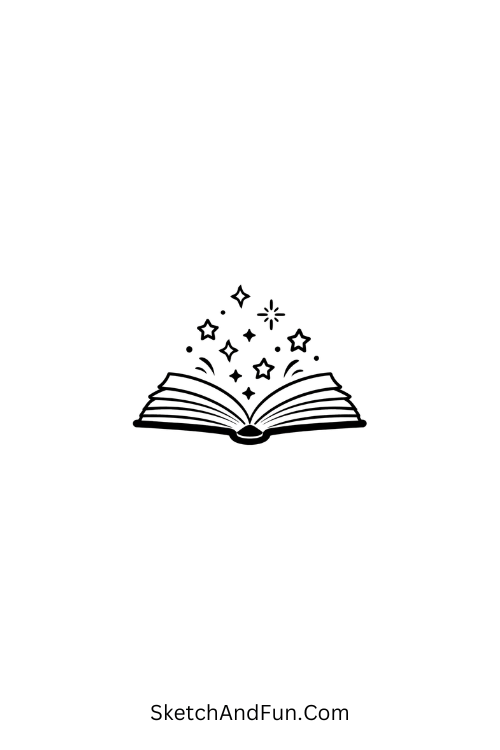 A doodle of an open book with stars flying out, pen doodles Pinterest