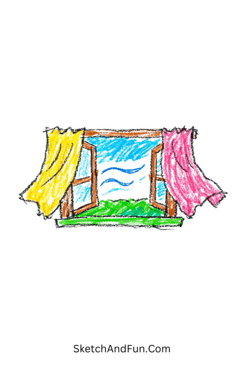 A doodle of open window flowing curtains, may doodles minimalist