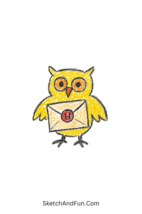A doodle of a small owl carrying a Hogwarts letter, Harry Potter doodle drawing ideas