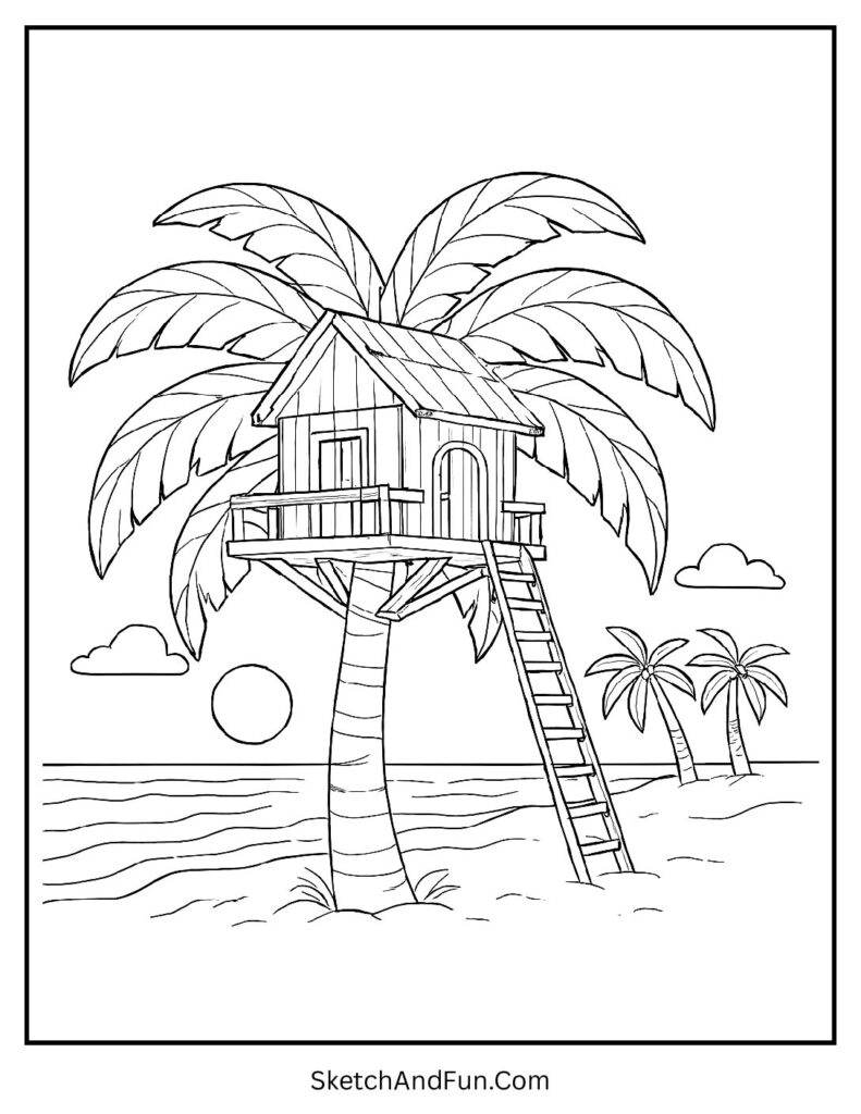 A coloring page of a treehouse perched in a tall palm tree on the beach, palm tree beach coloring sheet