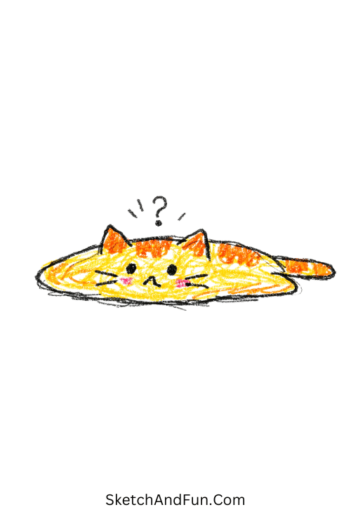 A doodle of a flat cat lying on the floor looking confused, cute tiny cat doodles