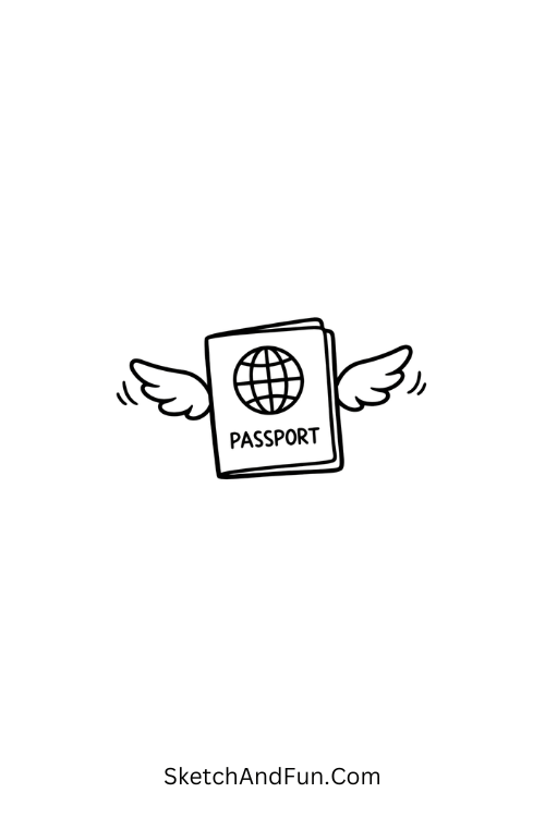 A doodle of a passport with delicate wings lifting off the page, simple travel doodle