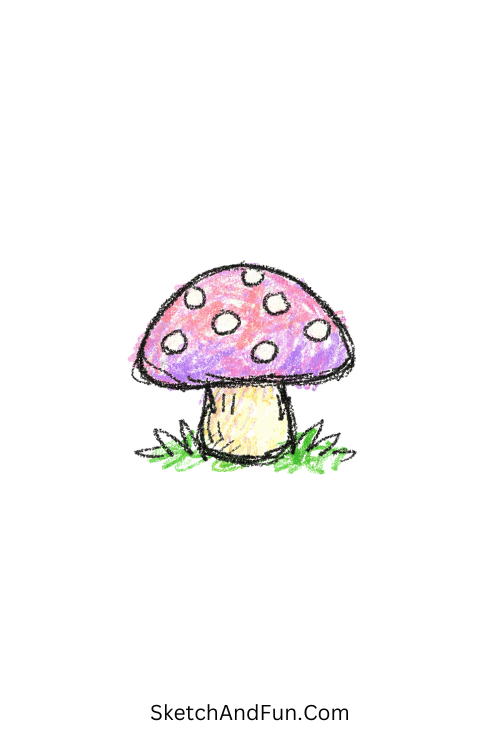 A doodle of a small pink and lavender mushroom with white dots, mini colored pencil doodles