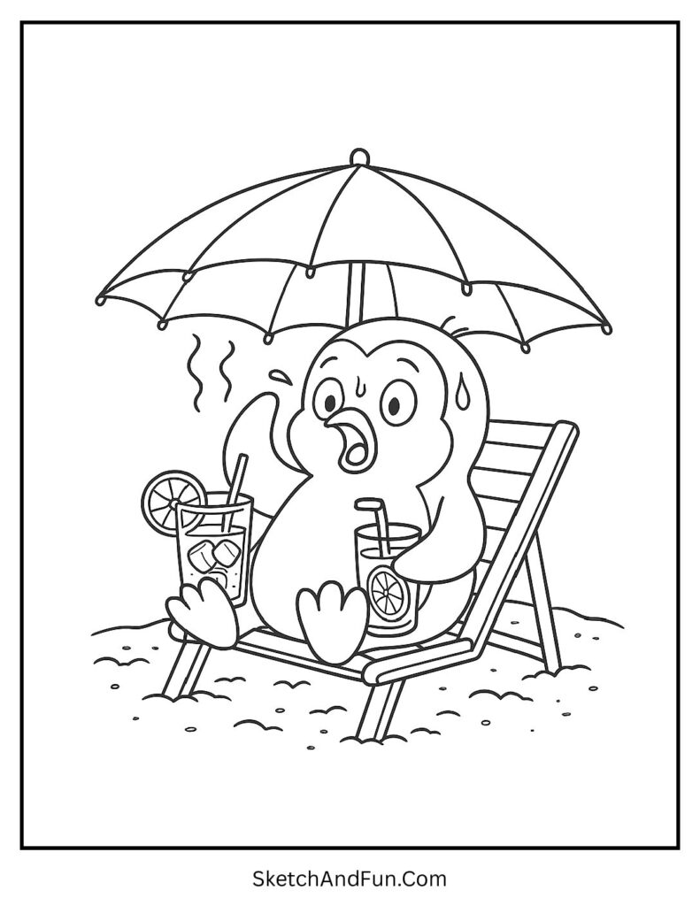 A coloring page of a penguin under an umbrella sipping lemonade at sunset, beach coloring page sunset scene