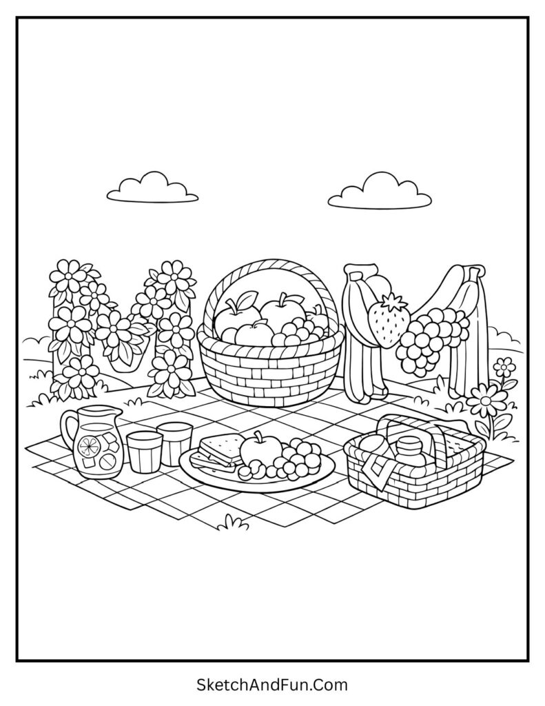 A coloring page of a family picnic with flowers and baskets, free mothers day coloring pages for kids