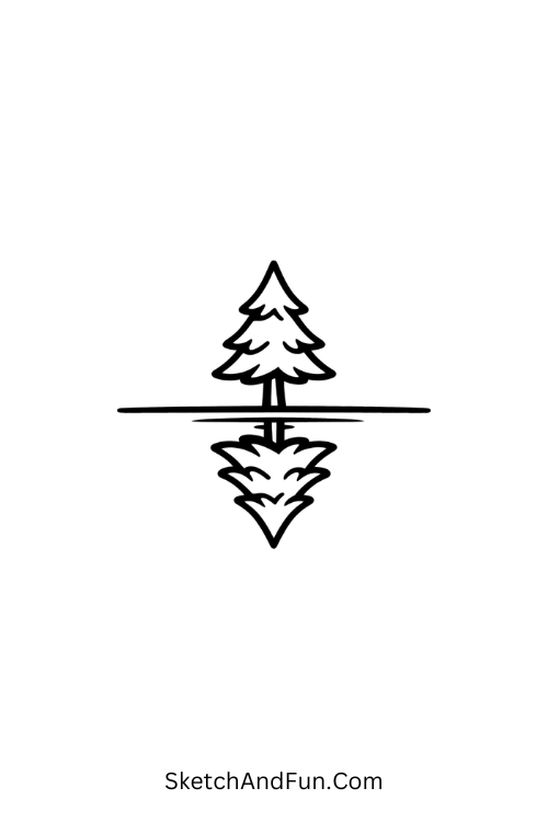 A drawing of a pine tree with reflection below, nature drawing with pencil