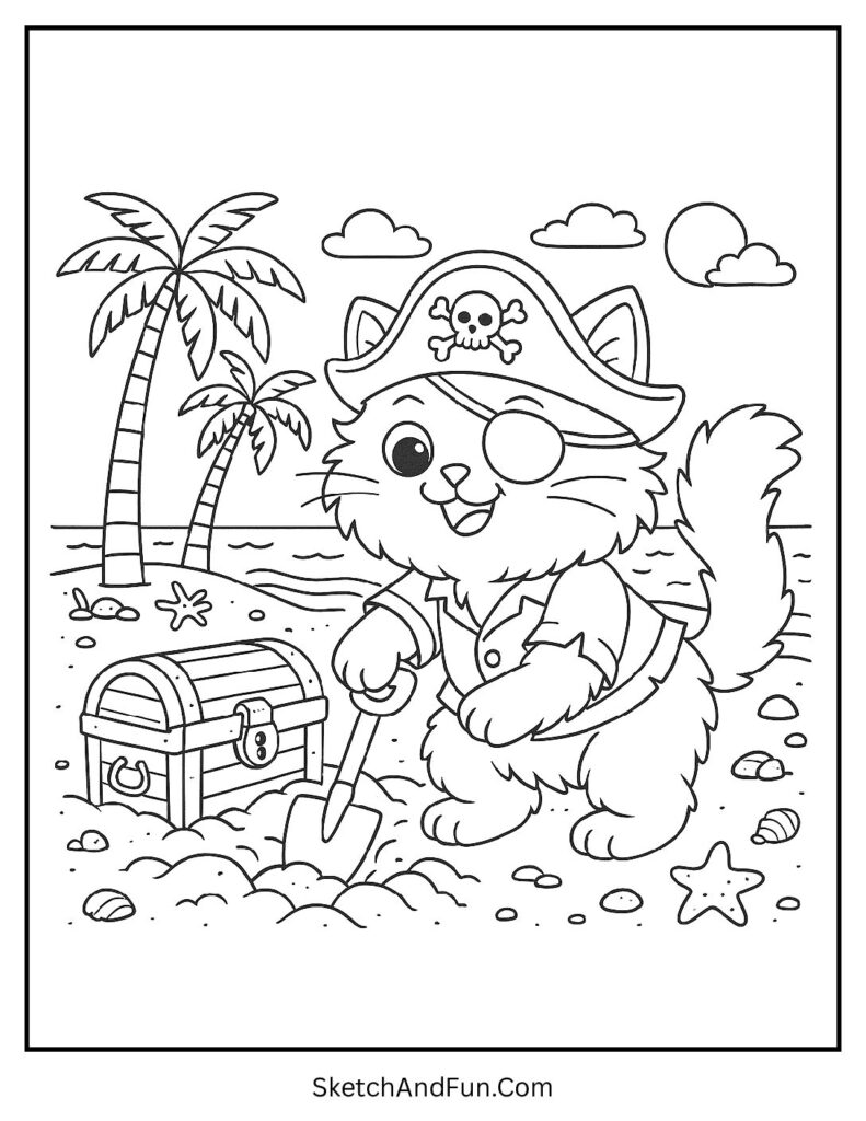 A coloring page of a pirate cat digging for treasure with a small shovel, creative beach coloring sheets for teens